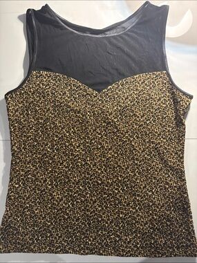 Leopard Print Mesh Yoke Tank Top - Black & Brown vintage Gilani Top